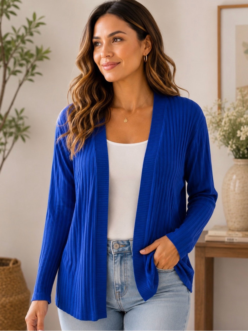 💐🫶🦋iKnit Royal Blue Ribbed Open Front Cardigan Sweater 1X Plus Size